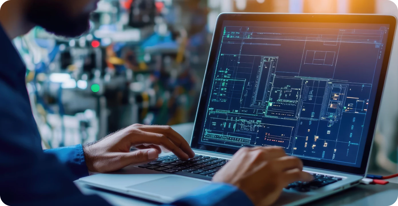 Pessoa usando um notebook com diagramas técnicos na tela, em um ambiente tecnológico ou industrial.