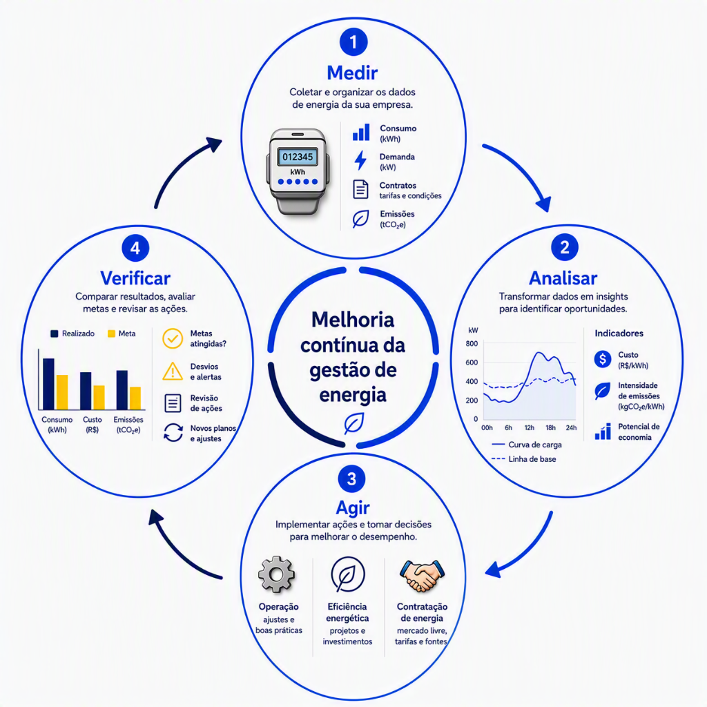 Diagrama circular com quatro etapas da gestão de energia: medir dados, analisar indicadores, agir sobre operação e contratos e verificar os resultados, retornando à medição.