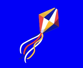 Ilustração de uma pipa colorida em formato de losango, com áreas em amarelo, vermelho, azul e branco, e fitas longas nas mesmas cores saindo da base. A pipa aparece contra um fundo azul sólido.