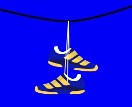 Ilustração de um par de tênis azul e amarelo pendurados em um cabo de energia por cadarços em um fio preto, sobre fundo azul sólido.