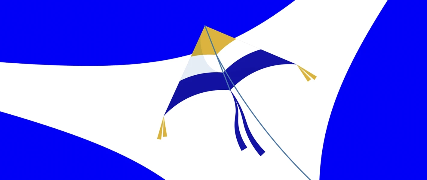 A kite in AXIA's colors (blue, white, and yellow) flying in front of the connector logo