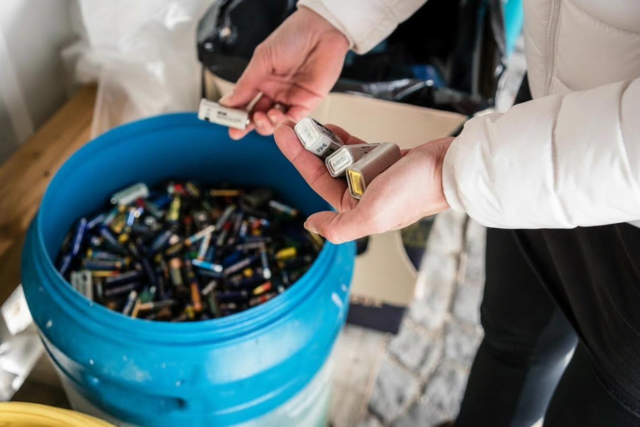 Mãos segurando pilhas usadas sobre um recipiente azul cheio de baterias descartadas para reciclagem e descarte adequado de resíduos eletrônicos.