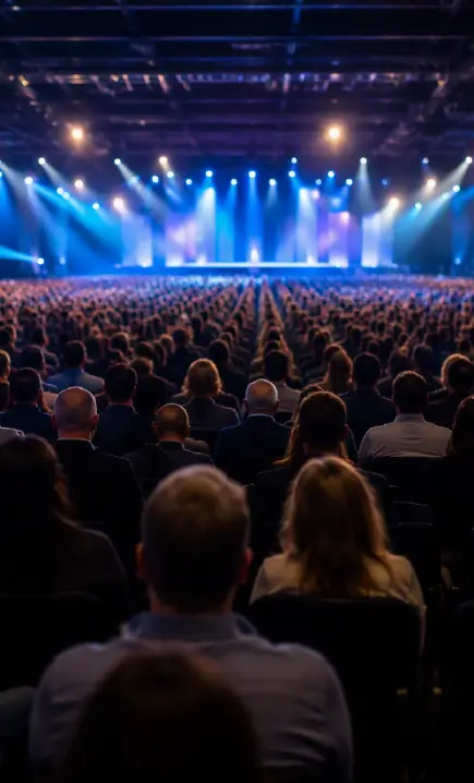 Auditório de grande porte com centenas de pessoas sentadas diante de um palco iluminado por luzes azuis. Ao fundo, painéis de LED e refletores destacam o ambiente de um congresso, evento corporativo ou apresentação de grande escala.