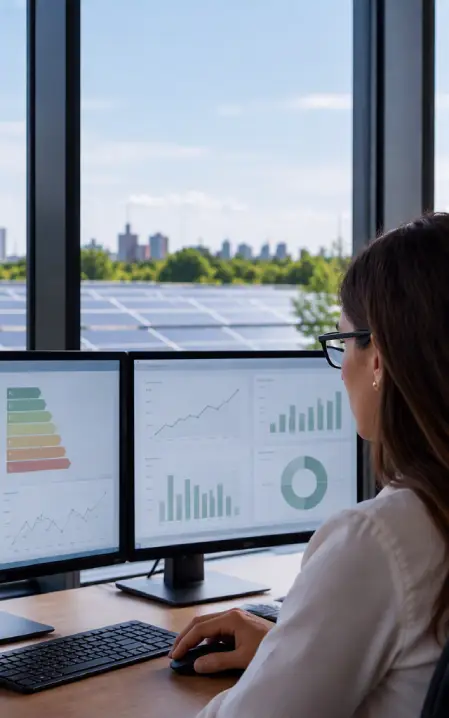 Pessoa em frente a monitores com gráficos e indicadores; painéis solares aparecem pela janela ao fundo.
