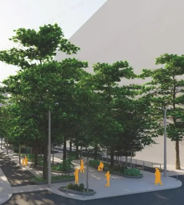 Projeção gráfica da Praça dos Professores, no Centro do Rio de Janeiro, com árvores alinhadas, calçamento em pedras portuguesas, bancos e pedestres circulando entre edifícios históricos ao redor.