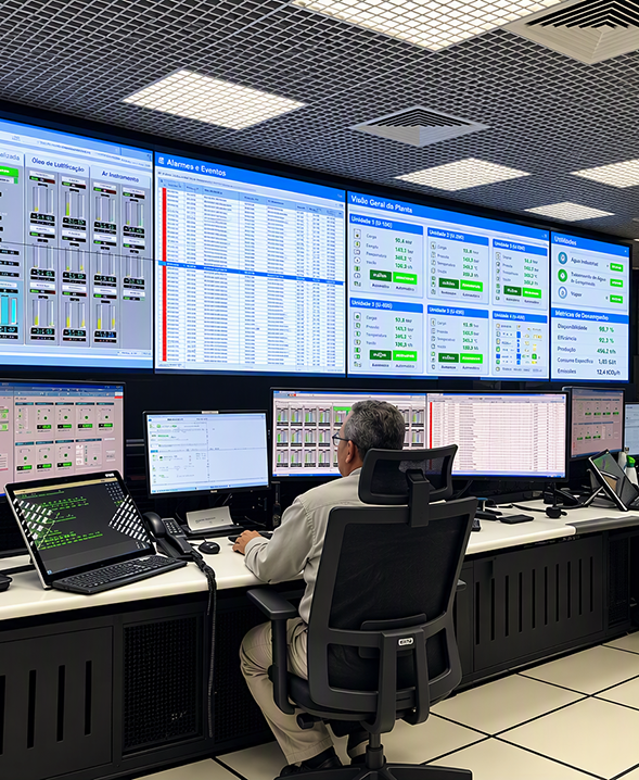 Pessoa trabalha em uma sala de controle, diante de vários monitores que exibem painéis e dados de sistemas