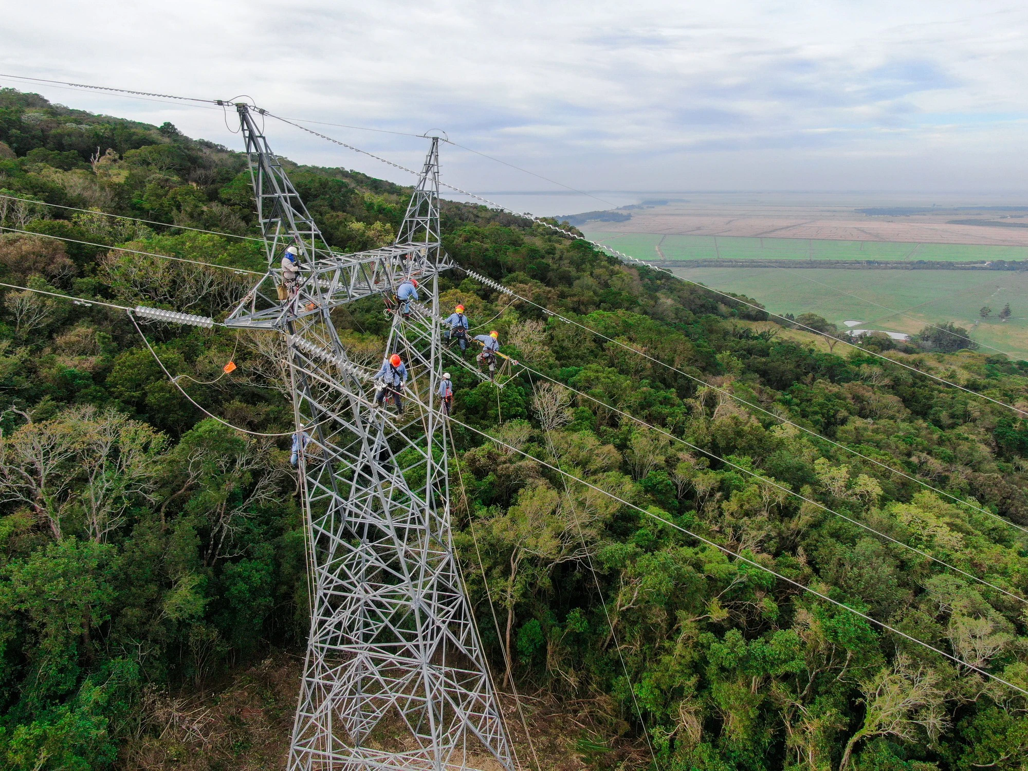 Trabalhadores em uma torre de energia