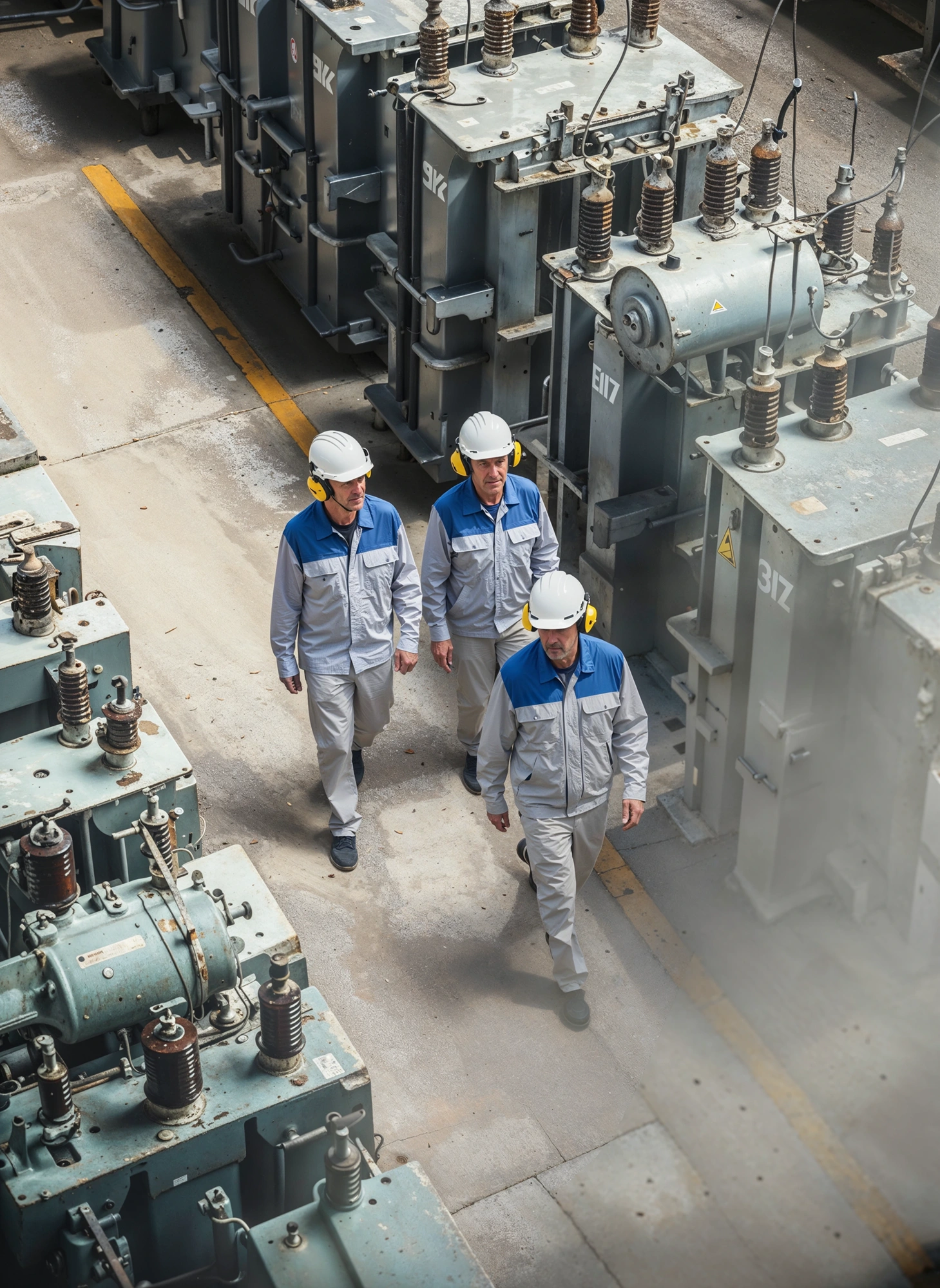 Três técnicos caminhando entre equipamentos em usina geração energia eletrica